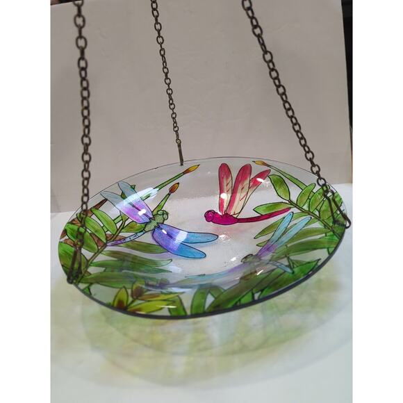 Hanging Glass Bird Bath With Painted Dragonflies - Picture 7 of 9